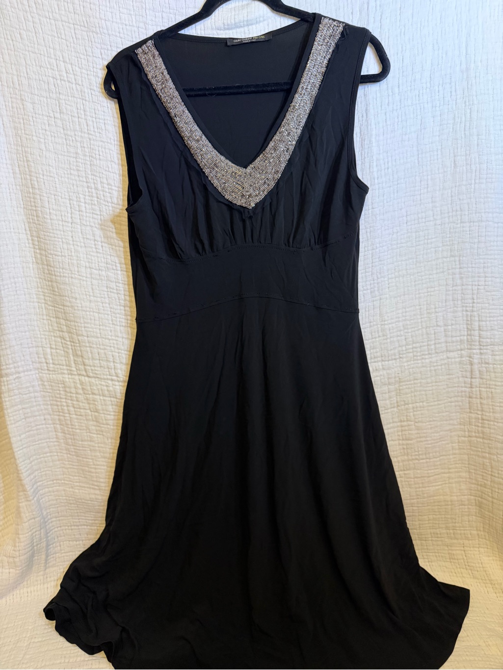 Italian Black Midi Dress With Silver V-Neck Embellishment